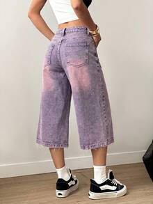 SHEIN EZwear Women's Casual Versatile Denim Shorts With Pockets And Buttons For Daily Outings - Purple - View 2