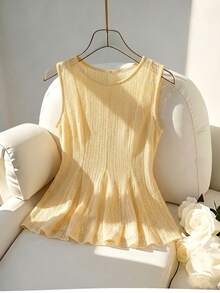 Modelyn Women's Spring/Summer Pale Yellow Woven Lace Sleeveless Waist-Cinching A-Line Commuter Frenchy Elegant Casual Tank Top Brunch Date - Yellow - View 8