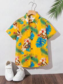 SHEIN Kemeja Tenun Lengan Pendek Berkerah Terbuka Depan dengan Motif Garis-garis Kasual untuk Anak Laki-laki Remaja - Kuning - View 3