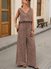 Brillora Jumpsuit Wanita Tanpa Lengan dengan Motif Cetak dan Leher V - Coklat - View 3
