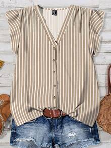 EMERY ROSE Striped Casual Minimalist Plus Size Shirt Suitable For Summer - Multicolor - View 1