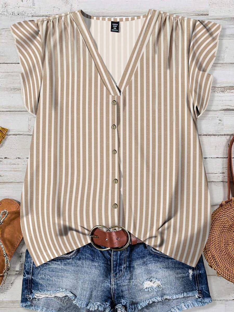 EMERY ROSE Striped Casual Minimalist Plus Size Shirt Suitable For Summer - Multicolor - View 1