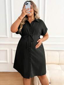 Plussiva 孕妇加大码简约基础款单排扣系带休闲连衣裙 - 黑色 - 查看 8