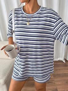 SHEIN Frenchy 女款夏季休閒條紋T恤短褲兩件組套裝 - 彩色 - 查看 6