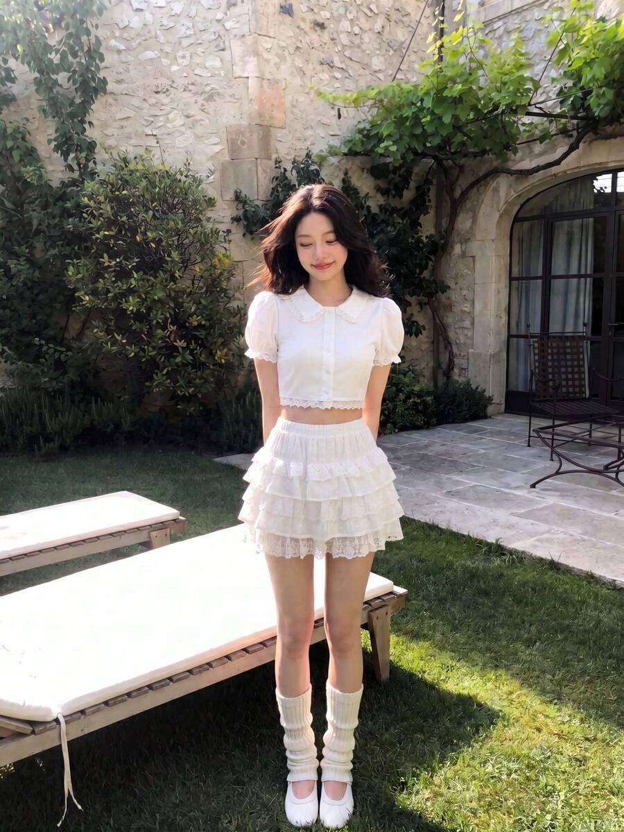 SHEIN MOD Áo blouse dáng ngắn tay phồng viền ren, áo ngắn tay