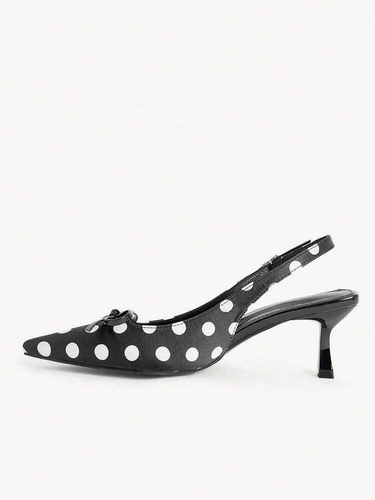 CUCCOO CHICEST White Polka Dot Satin Pointed High-Heeled Sandals On A Black Background, French Retro Sweet Element Style, Suitable For Women Who Like Sweet And Cool Girlishness, It Is Very Suitable For Daily Dating, Afternoon Tea Or Light French Clothing When Going Out On The Street Wedding Shoes Summer Shoes Bride Shoes