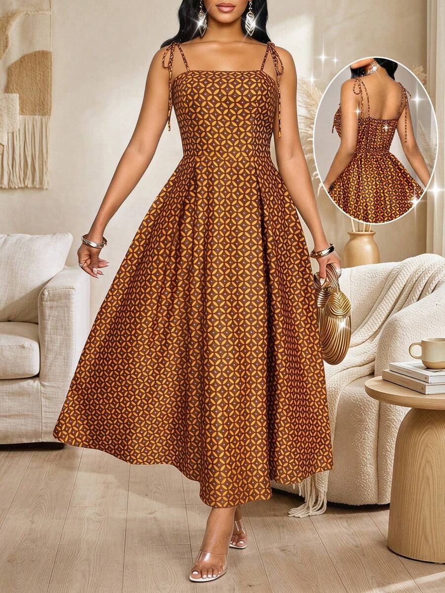 SHEIN Lady Women's Retro Geometric Print Suspender Dress Holiday Outfits For Women Summer Dresses Beach Casual Brown Skirt - Ginger - View 1
