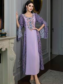 Layrah Vintage Print Colorblock Side Cinched Waist Handmade Rhinestone Embellished Arabian Dress - Purple - View 6