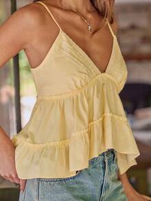 WESTFADE V Neck Fit & Flare Tiered Ruffle 100% Cotton Babydoll Yellow Top, Country Style For Women, Summer Vacation - Yellow - View 6