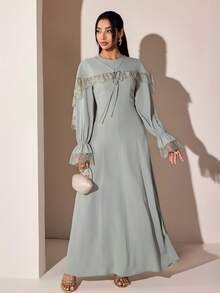 Veilorie Women's Elegant Modest Party Day Party Garden Party Lace Patchwork Shawl Ultra Long Dress Light Green Autumn Wedding - Green - View 8
