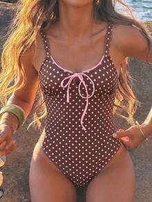 Swim Vcay Retro American Style Brown Base Polka Dot One-Piece Swimsuit, Pink Bow Sexy Babe Hot Spring Resort Swimwear - Multicolor - View 1