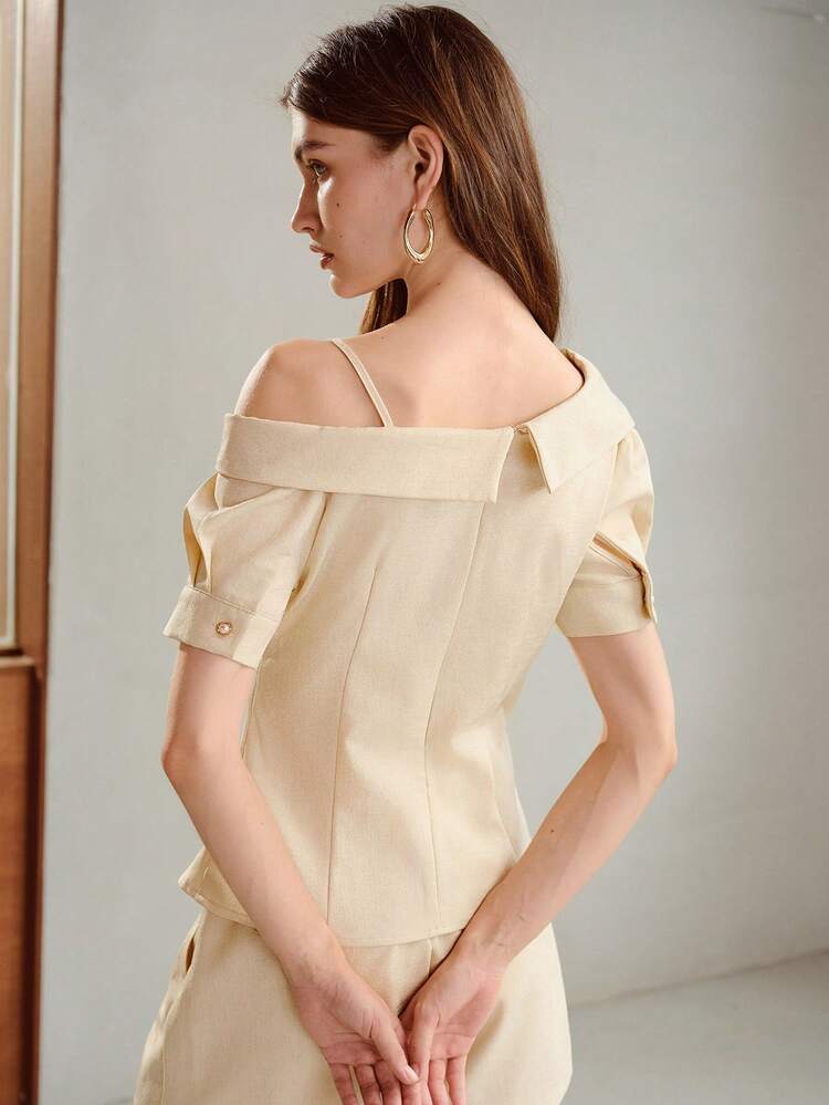 SPRING/SUMMER WOMEN'S ASYMMETRICAL SHOULDER SHORT SLEEVE COMMUTER PROFESSIONAL BLOUSE