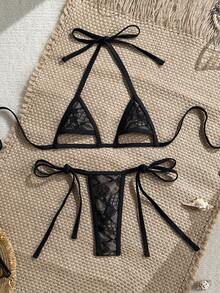 Swim SXY Lace Black Swimwear Set For Summer Holiday,High-Neck Triangle Bandage Two Pieces Combination,Valentine's Day Party Beach Party Pool Gathering - Black - View 5