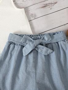 SHEIN Tween Girl White Ribbed Crew Neck Tank Top And Lace-Up Denim Shorts 2-Piece Set - White - View 7