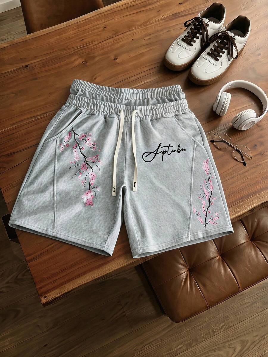 Manfinity Hypemode Spring Casual Men's Loose Shorts With Sakura Flower Print - Light Grey - View 1