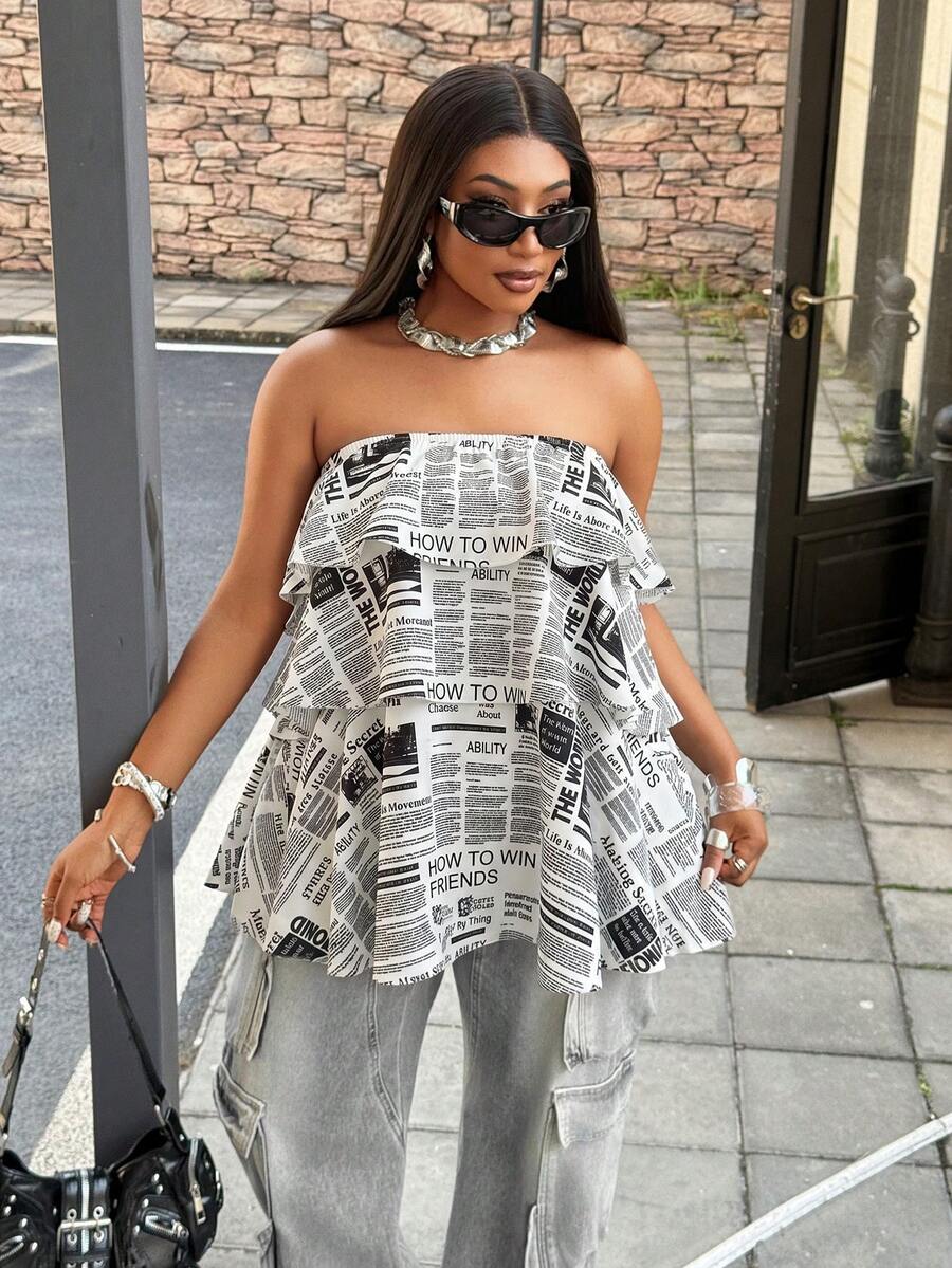 Maweii Plus Size Hot Girl Street Style Multi-Layer Patchwork Ruffle Bandeau Top - Black and White - View 1