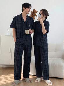 DAZY Conjunto de pijama de camiseta de unicolor para hombres, para el verano - Azul Marino - Ver 3
