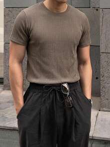 DAZY Summer Short Sleeve Khaki Crew Neck Men's T-Shirt - Khaki - View 4