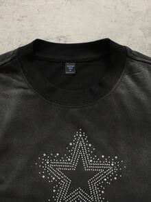ROMWE MEN Men's Streetwear Washed Distressed Rhinestone Star Loose T-Shirt Spring Summer - Black - View 2