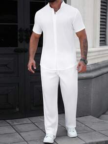 Manfinity Homme Men's Two Pieces Suit,White,Summer,Casual,Vacation,Linen Blend Short Sleeve Stand Collar Henley Shirt And Long Pants Set,Old Money Style Beach Outfits - White - View 4