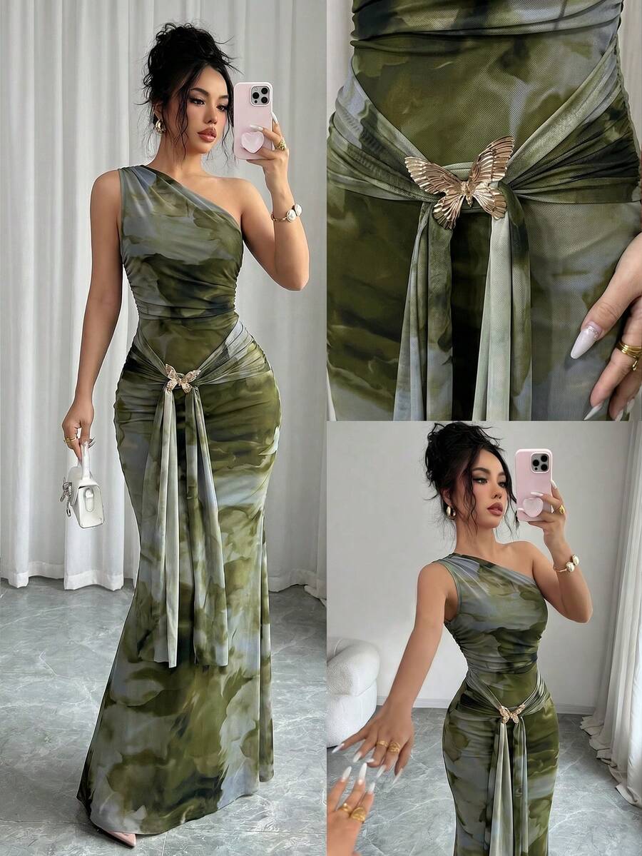 Elenzga 女款春夏浪漫度假風綠色網紗數位印花不對稱肩無袖貼身緊身洋裝，飾金屬蝴蝶裝飾 - 軍綠色 - 查看 1