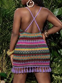Slaydiva Vestido mini de mujer de primavera y verano nuevo, colorido, de vacaciones, con cuello en U, tirantes, espalda cruzada, sin espalda, ajustado, con dobladillo de flecos, rayas coloridas y estampado de diamantes a cuadros - Multicolor - Ver 2