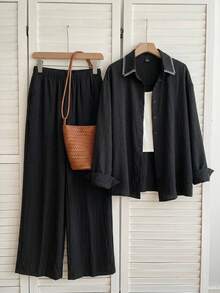 SHEIN EZwear 女款春夏時尚套裝 刺繡飾邊領襯衫與長褲 透氣混搭 通勤上班適用 - 黑色 - 查看 6
