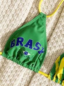 Swim Vcay Nuevo Conjunto de Bikini Sexy de 2 Piezas para Vacaciones en la Playa, Top de Bikini Triangular con Halter y Patchwork de Estampado de Leopardo & Vaca Multicolor, Shorts Brasileños con Fruncido y Elevación de Cadera, Primavera Verano - Multicolor - Ver 6