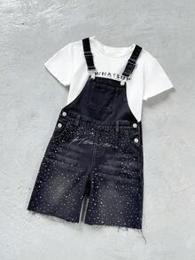 SHEIN Tween Boy Street Casual Graphic Diamond-Studded Design Loose And Comfortable Denim Drawstring Shorts Back-To-School School Grey Summer - Black - View 5