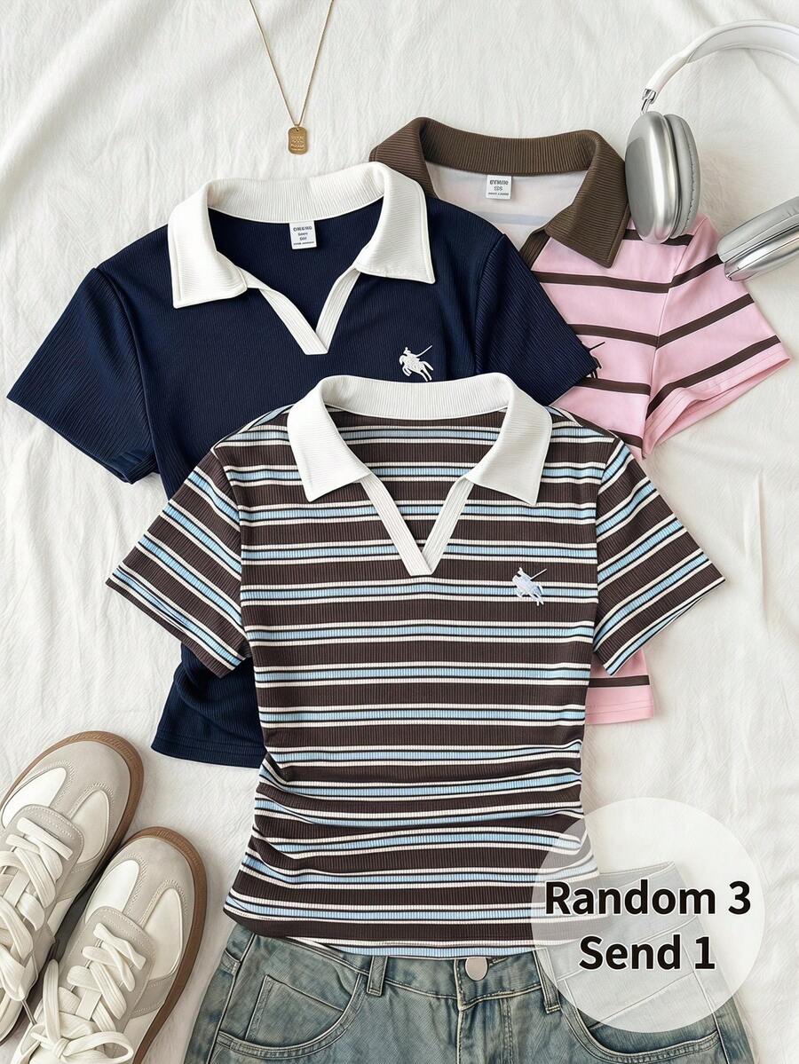 SHEIN Tween Girl Kids Retro College Style Brown Striped White Collar ...