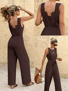 SHEIN Frenchy Women's Solid Color Round Neck Back Contrast Lace Sleeveless Elegant Jumpsuit - Coffee Brown - View 2