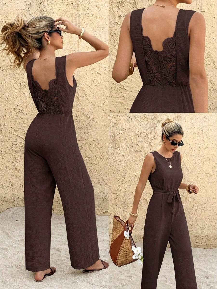 SHEIN Frenchy Women's Solid Color Round Neck Back Contrast Lace Sleeveless Elegant Jumpsuit