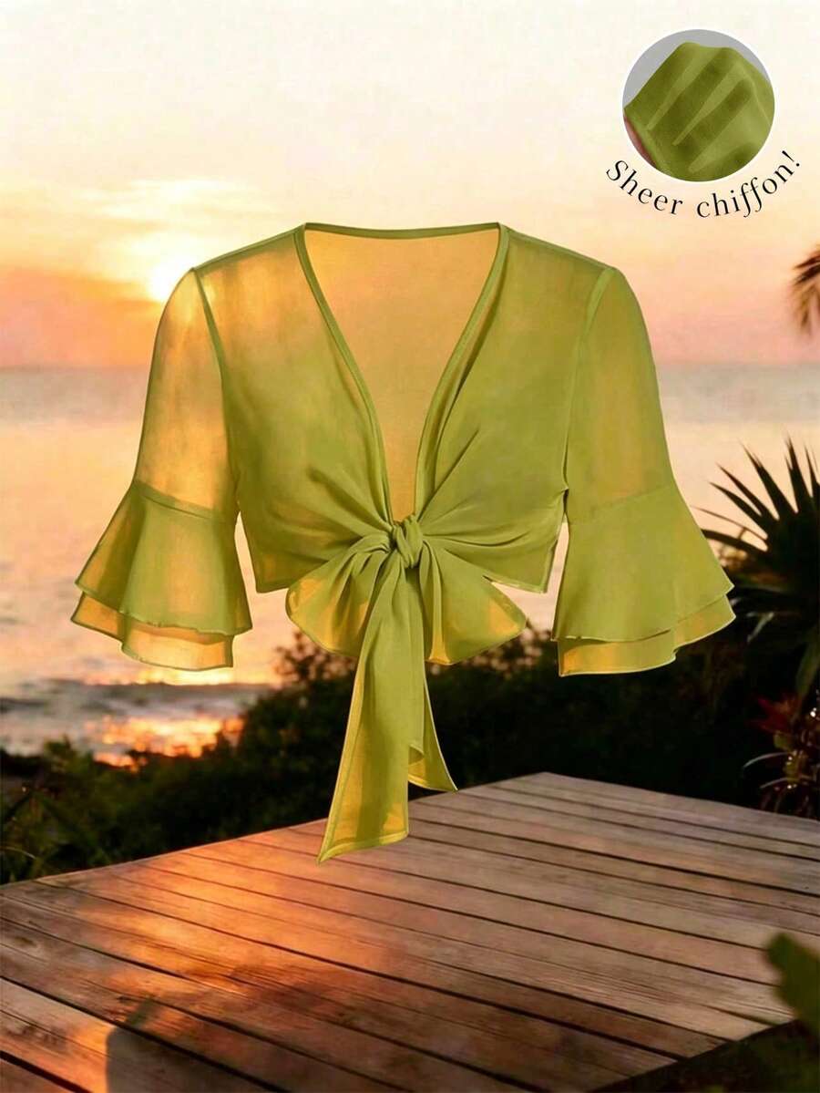 EMERY ROSE Summer Casual Solid Color Tie-Up Cropped Shirt - Green - View 1