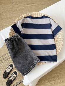 2pcs/Set Boys Casual Striped Letter Print Short Sleeve T-Shirt And Distressed Washed Denim Shorts Set, Suitable For Spring/Summer, Outings, Sports, School, Daily Versatile Wear - Multicolor - View 2