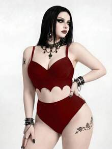 ROMWE 2026 New Gothic Goth Punk Plus Size Women's Bat Wave Edge Design One-Piece Swimwear Set Beach Summer - Burgundy - View 4