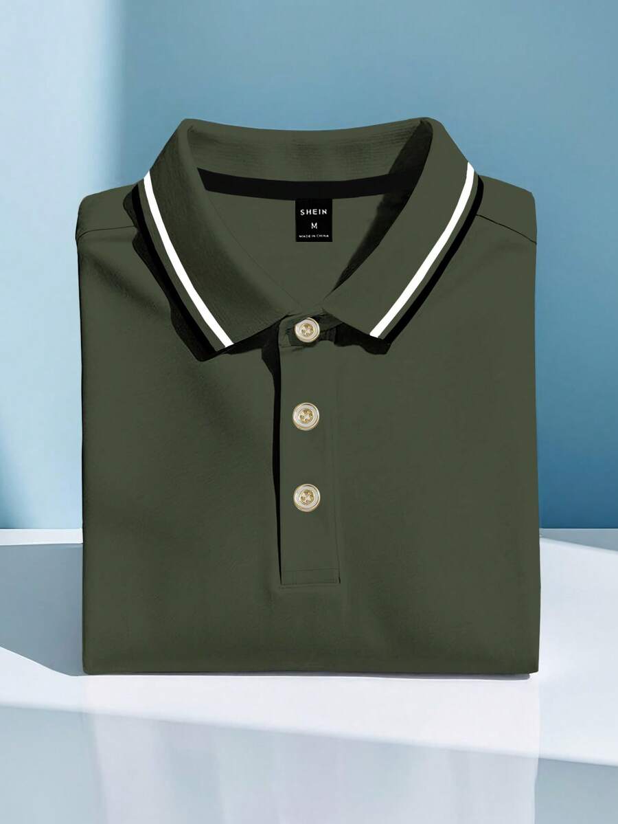 Calvornis 男士夏季休閒拼色飾邊短袖 Polo 衫,儀式場合適用 - 軍綠色 - 查看 1