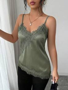 Rafferiza 女款優雅法式不對稱下擺蕾絲細肩帶背心上衣 - 橄欖綠 - 查看 3