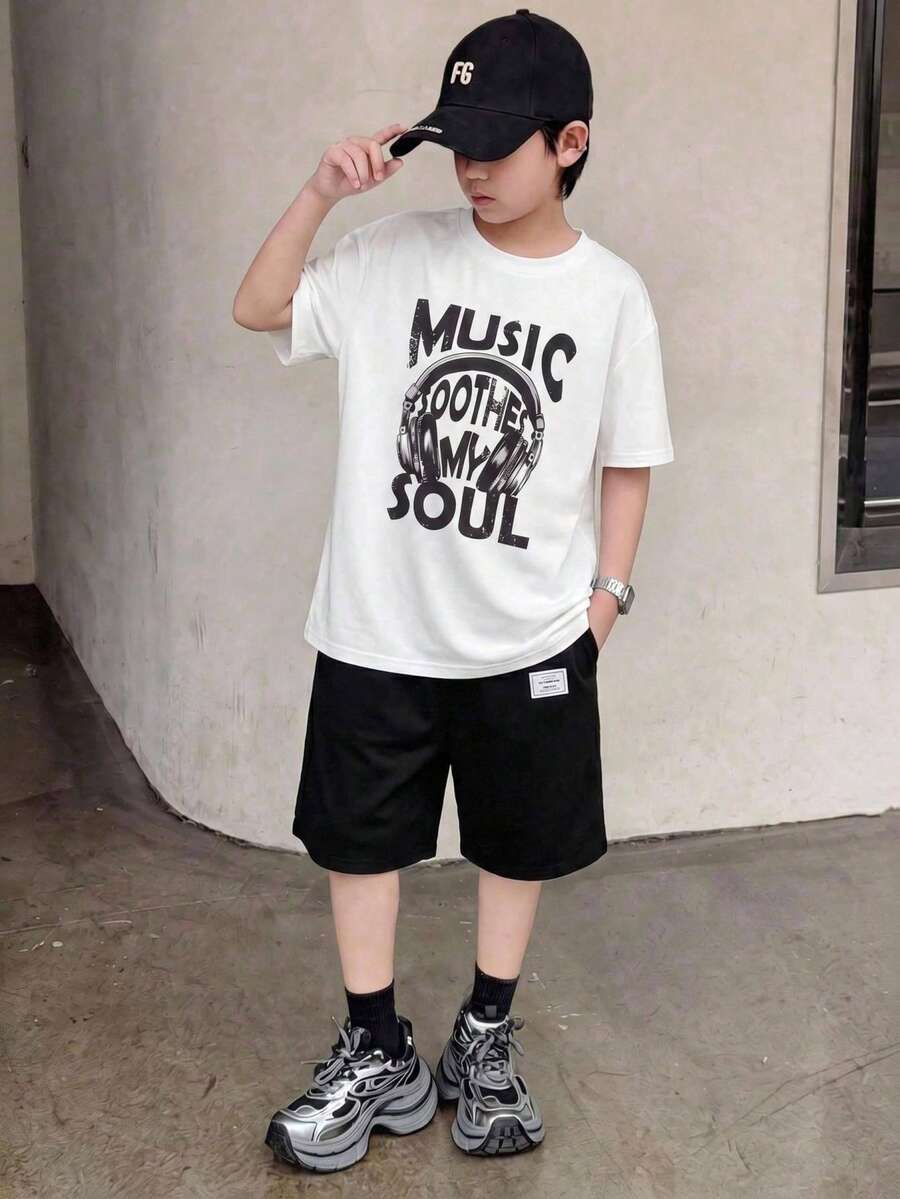 Mirajuku 2pcs/Set Boys' Casual Street Vintage City Graphic T-Shirt And Woven Shorts Set, Fashionable For Daily, Commute And Sports Wear - Black and White - View 1