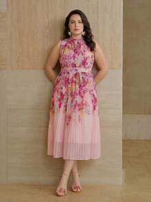 MOTF PREMIUM PLUS SIZE WOMEN'S SPRING/SUMMER FLORAL PRINT PLEATED STAND NECK CINCHED WAIST DRESS - Pink - View 7