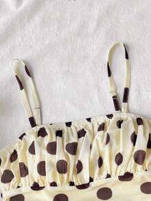 SHEIN Kids Tween Girl Elegant Brown And White Polka Dot,Summer,Cute,Vacation Off Shoulder Lantern Hem Ruched Fitted Party Dress,Exaggerated Ruffle Ivory - Apricot - View 4