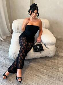 Dayanna Comas 女款性感優雅黑色蕾絲兩件套，包含厚羅紋抹胸上衣與蕾絲喇叭褲，高彈性面料修身顯身材，適合夏季 - 黑色 - 查看 1