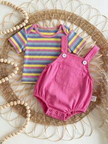 SHEIN Newborn Baby Boys' 2pcs Set,Pink,Summer,Cute,Family Matching Striped Overall,White Knitted Peter Pan Collar Top,Striped Buttoned Hat,Casual Outfit - Pink - View 3