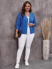EMERY ROSE Plus Size Solid Color V-Neck Long Sleeve Cardigan - Blue - View 3
