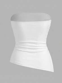 Tseoso Women's Solid Color Pleated Split Design Casual Versatile Daily Outing Tube Top - White - View 2