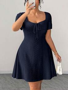 Elenzga Plus Size Fitted Slimming Fashion Yellow Jacquard Dress - Blue - View 6