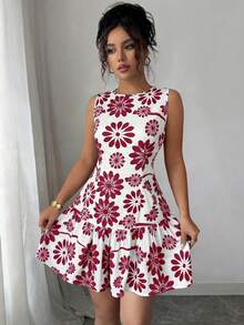 SHEIN Elenzya Đầm mini nữ phong cách Bohemian mới nhất cho mùa tốt nghiệp, kiểu Pháp thanh lịch, họa tiết hoa in dệt, cổ tròn, không tay, chiết eo, trang phục đi chơi, trang phục mùa hè, xuân/hè - Đỏ - Xem 5