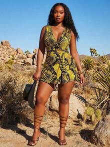 SHEIN SXY Plus Size Women Snake Skin Print Asymmetrical Hem Ruched Sexy Romper For Vacation - Yellow - View 3
