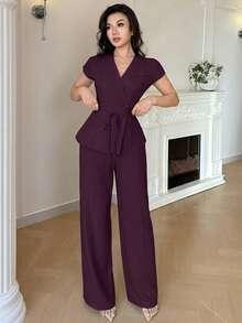 Feyla New Korean Style Cap Sleeve Slimming Cinched Waist Elegant Commuter Office Versatile Daily Set Dark Purple Summer - Red Violet - View 5