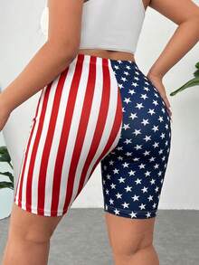 Muchica Plusstorlek Sommarmode Elastiska Randiga & Stjärnmönster Skinny Shorts - Multifärgad - Visa 2
