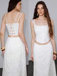 MOTF PREMIUM TOP CAMISERO CORTO CON BORDADO Y CORDÓN PARA ESTILIZAR LA CINTURA, PRIMAVERA/VERANO - Blanco - Ver 7